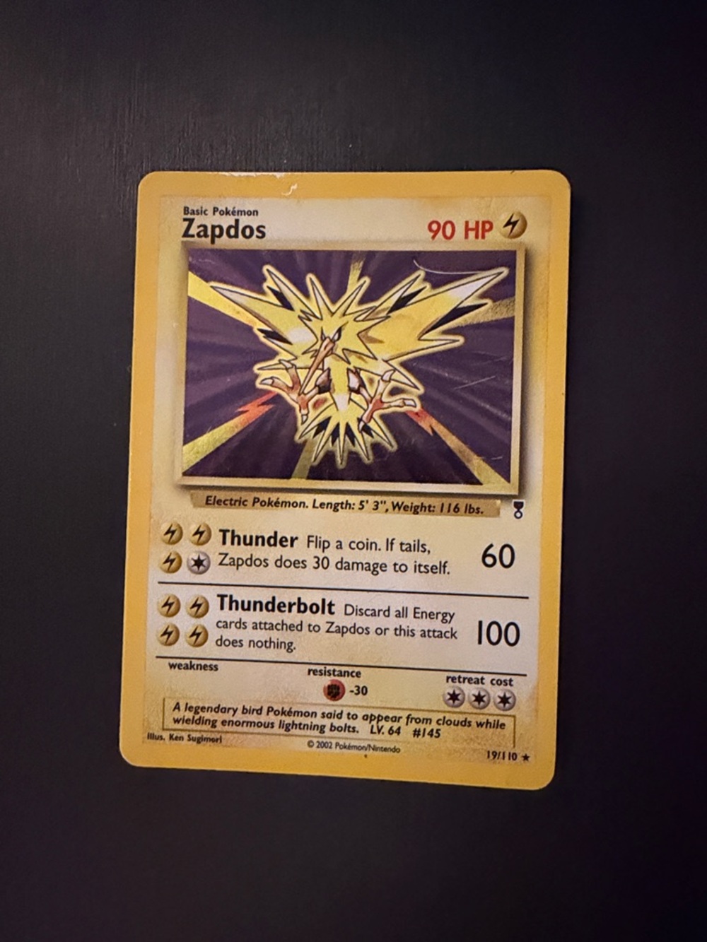 Pokémon Zapdos Holographic Trading Card - Yellow 2002